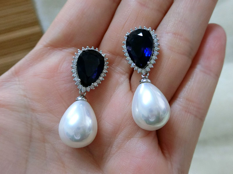 时尚蓝宝色天然贝壳珍珠耳环