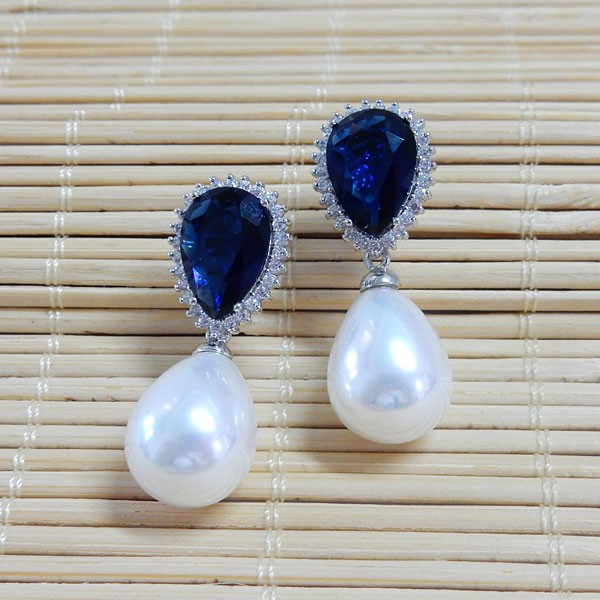 时尚蓝宝色天然贝壳珍珠耳环